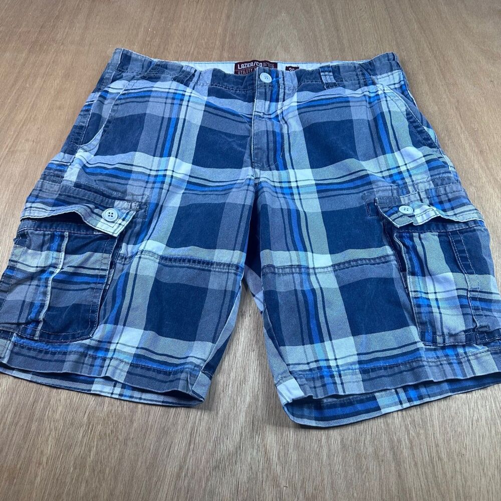 Lazer Utility Cargo Shorts Mens 36 Blue Plaid Cotton Workwear
